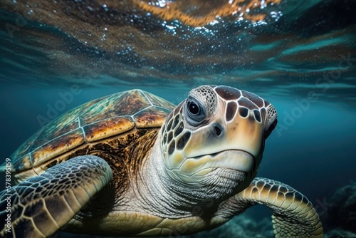 Close-up Sea Turtle in the sea. Generative AI.