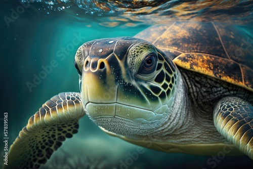 Close-up Sea Turtle in the sea. Generative AI.
