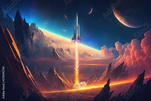 Landscape with rocket taking off on an unknown planet. Generative AI