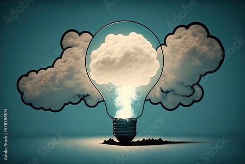 Ideas cloud illustration with light bulb, blue background. Generative AI
