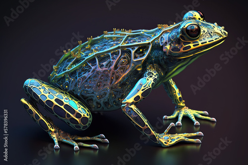 Robotized frog. Small details, complex structure construction. AI generated illustration.