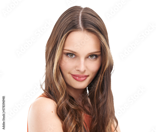 A confident and relaxed woman, showcasing her luxurious and smooth hair with the results of a keratin treatment isolated on a transparent PNG background.