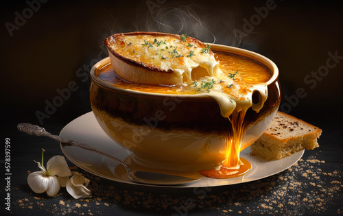 A bowl of soupe à l'oignon gratinée, a rich onion soup topped with toasted bread and melted Gruyère cheese - Generative AI photo