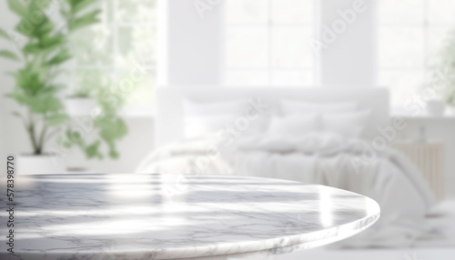 Empty marble stone table in front of blurred bedroom interior background,  can be used mock up for montage products display or design layout
