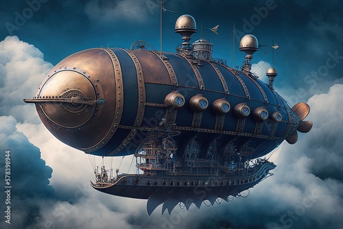 Wallpaper Mural Landscape with airship in the sky with clouds, steampunk style. Generative AI Torontodigital.ca