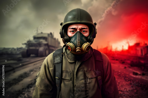 Man with a gas mask, nuclear war and environmental disaster, radioactivity catastrophe, military equipment. Ai generative