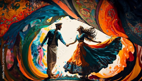 a couple's dance in Indian style, rich colors and traditional clothes created by AI photo