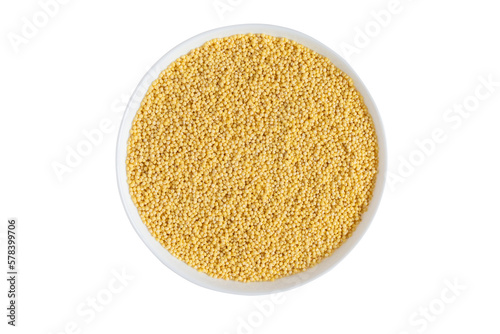 Millet grains in bowl isolated on white background, high angle view