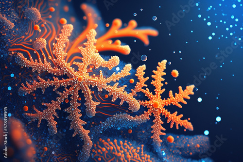Orange snowflake shape coral, marine life, closeup underwater background, AI © lanych