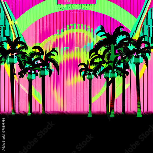 90s neon new retro synthwave VHS design with palm trees silhouettes