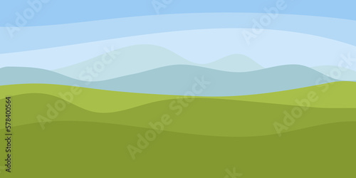 Summer panoramic landscape. Landscape illustration in flat style with mountains, hills and green field. Vector illustration