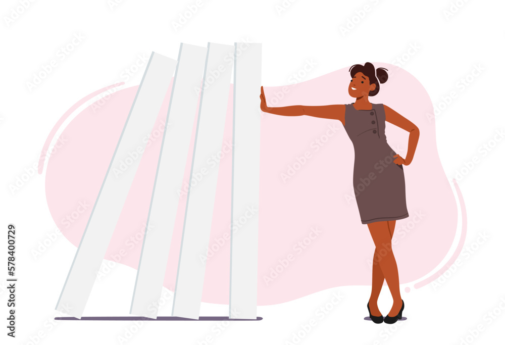 Confident Business Woman Easily Pushing Falling Domnoes Line. Concept of Resilience, Risk Management, Protection