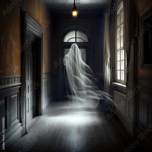 A white ghost wandering through an abandoned mansion. Creepy atmosphere, supernatural, paranormal, high definition, art, generative artificial intelligence