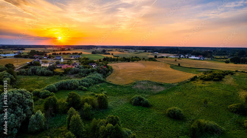 Immerse Yourself in the Majestic Scenery of Poland's Yellow Rapeseed Field at Sunset, with a Blue Sky as the Perfect Backdrop
