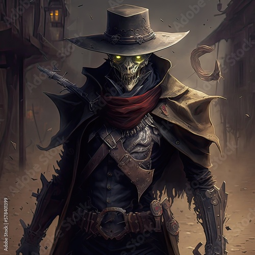 Undead shooters with glowing eyes and stylish armor. Noon, duel, skeleton, dark atmosphere, bounty hunter, frontier gunslinger, high definition, art, generative artificial intelligence