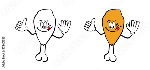 Cartoon chicken or turkey leg. BBQ, food meat. Fried crispy chicken legs. Roasted fast food drumsticks symbol. Fast food cafe concept. Yummy smile with tongue lick or licking, laugh symbol.