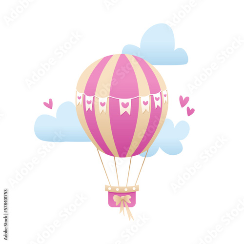 Hot air balloon with clouds isolated on white background. Baby shower. Kids design in pastel colors. Baby print or poster. Cute Vector Illustration.