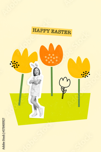 Creative easter postcard collage of little kid girl standing in floral garden advertise enjoy happy spring holiday occasion