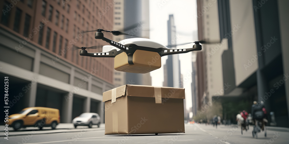Drone with Box package. Fast Delivery air shipping background modern city. Generation AI