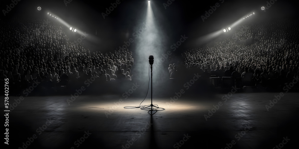 Microphone for singer music background with spot lighting. Concept Public speaking on stage with mic. Generation AI - obrazy, fototapety, plakaty 