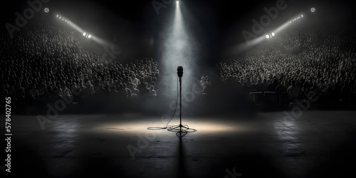 Microphone for singer music background with spot lighting. Concept Public speaking on stage with mic. Generation AI photo