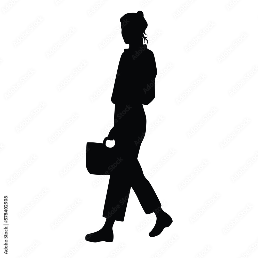 Silhouette of a woman walking with bag, student traveling, profile, business people, vector illustration, black color, isolated on white background