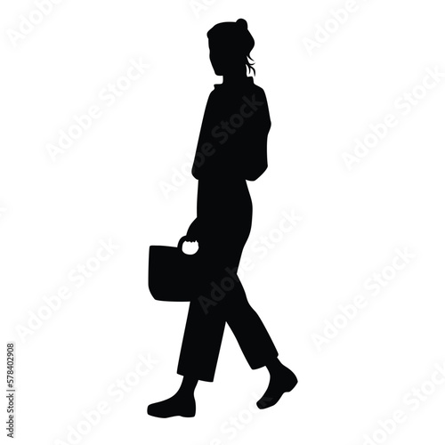 Silhouette of a woman walking with bag, student traveling, profile, business people, vector illustration, black color, isolated on white background
