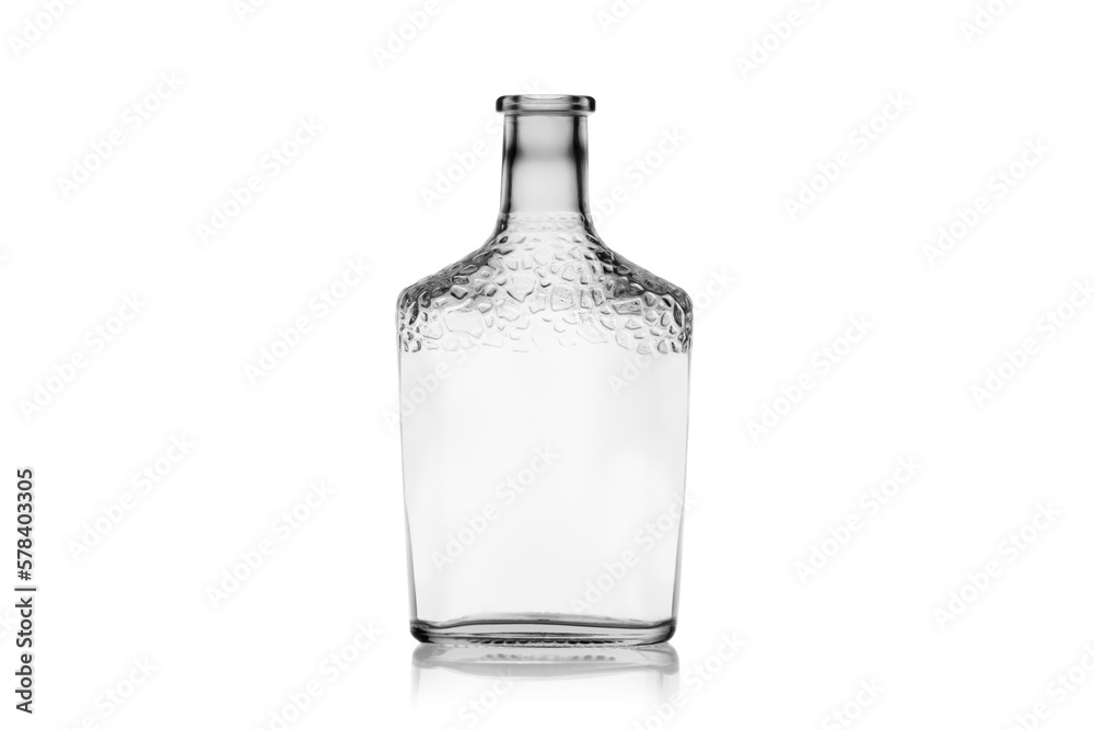 Empty cognac bottle glass isolated, without glare. Reflection on the surface. Back light. Empty cognac bottle glass isolated, without glare. Reflection on the surface. Back light.