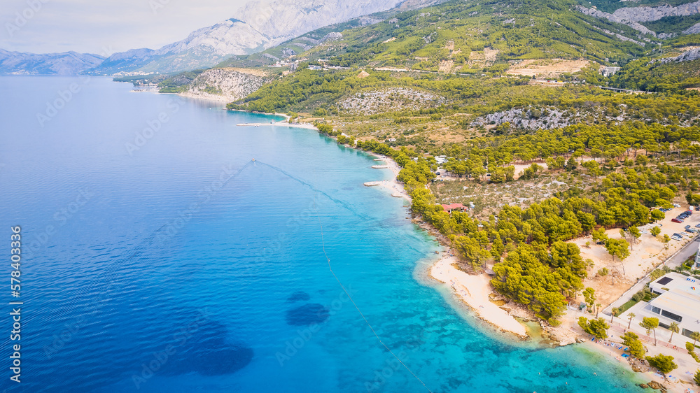 A stunning drone photo panorama of a sunny day on a beach in Croatia perfect for a vacation