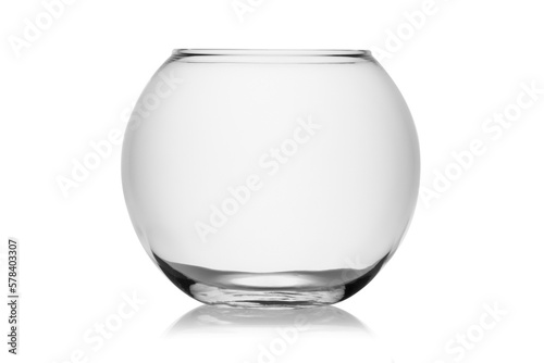 Empty glass fishbowl isolated, without glare. Reflection on the surface. Back light.