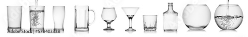 Glassware set isolated. Different glasses a bottle and fishbowl.