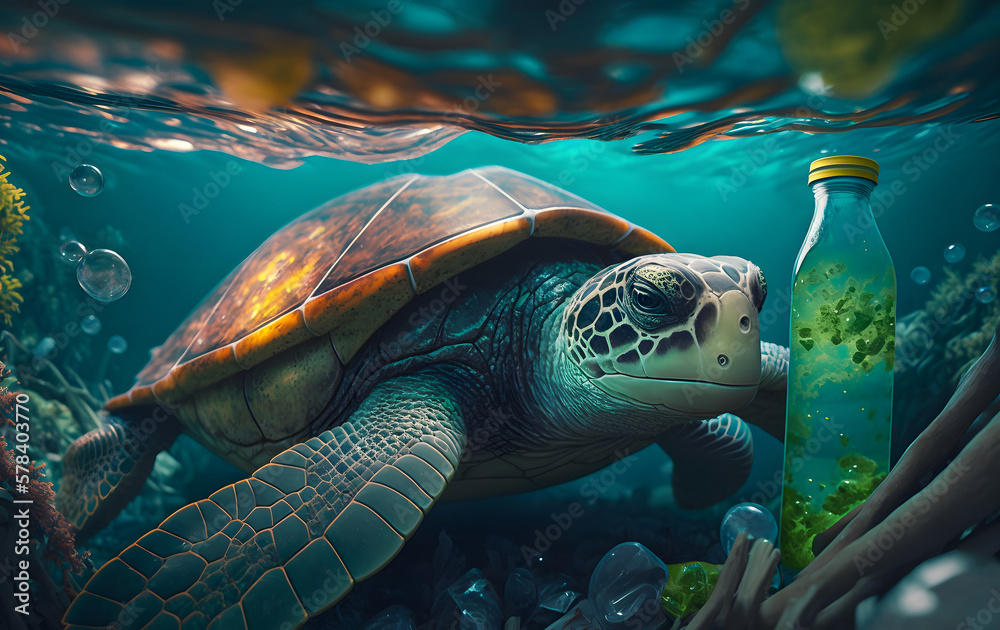 Fototapeta premium Turtle in dirt green water with bottle and bag waste. Concept global problem with plastic polluted rubbish floating in oceans. Generation AI
