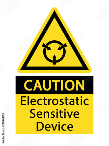 Caution, electrostatic sensitive device. Warning yellow triangle sign with symbol and text below.