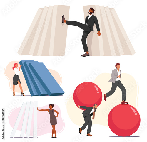Set Of People Deal with Problems. Sad And Cheerful Men or Women Overloaded With Problems Or Tasks Vector Illustration