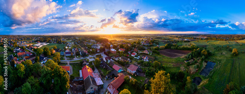 A stunning sunset aerial photo of fields in Poland near Gorzów Wlkp, captured by a drone photo