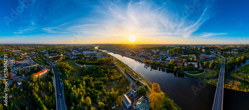 From the vantage point of a drone, a panoramic photo of the Warta River near Gorzów Wlkp