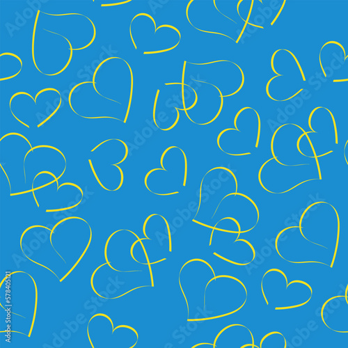 Seamless pattern with yellow hearts on a blue background. Colors of the flag of Ukraine. Pattern with Ukrainian national symbol.