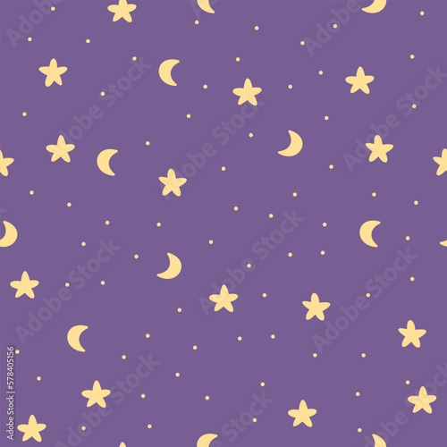 Seamless pattern with stars and moon on a violet background