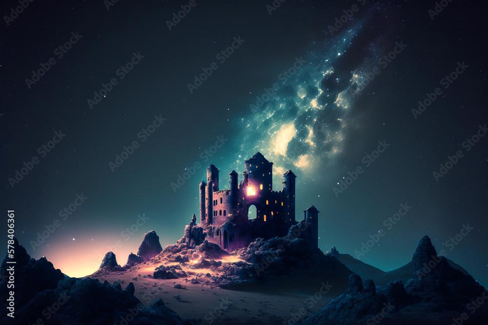A magnificent fairy tale castle set against the night sky illuminated by the Milky Way and the stars. Magic sky, royal atmosphere for an enchanted night. Generative AI A magnificent fairy tale castle set against the night sky illuminated by the Milky Way and the stars. Magic sky, royal atmosphere for an enchanted night. Generative AI