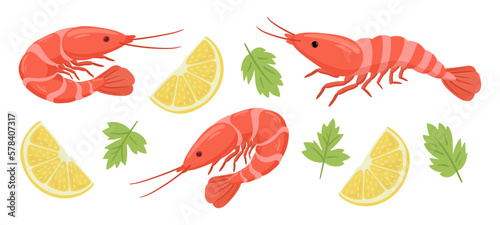 Cartoon shrimps seafood. Boiled tiger shrimps with lemon slices and parsley, king prawns with shell flat vector illustration set