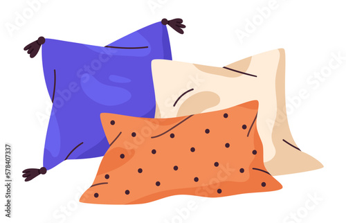 Flat cartoon pillows. Home interior textile, bamboo or feather cushion, soft cozy pillows flat vector illustration