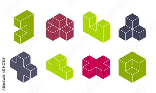 Isometric 3d blocks. Abstract geometric shapes, puzzle game elements, logic game constructor cube elements vector illustration set