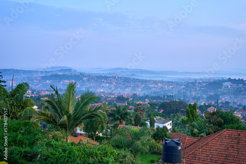 Fototapeta Naklejka Na Ścianę i Meble -  Morning view of the city toward Lake Victoria from the hills above Kampala, Uganda