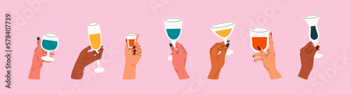 Hands holding glasses set. Cartoon wine champagne whiskey martini cocktail glass, cheers. Vector flat illustration for cards