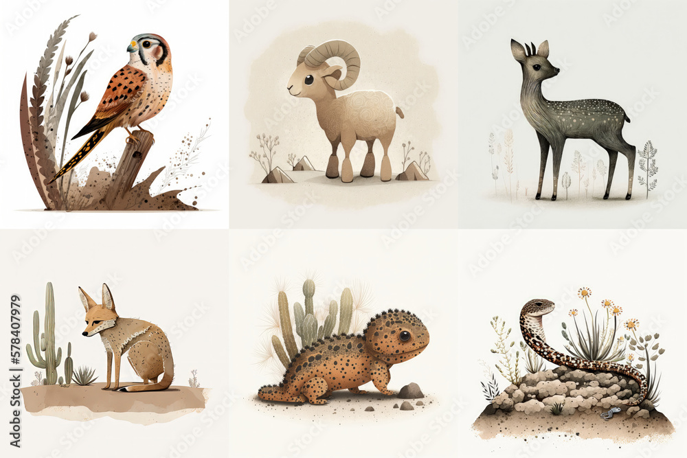 A set of six cute animals, mammals, birds, reptiles, from the area of Arizona, USA in watercolor, illustration made with Generative AI