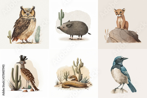A set of six cute animals, mammals, birds, reptiles, from the area of Arizona, USA in watercolor, illustration made with Generative AI photo