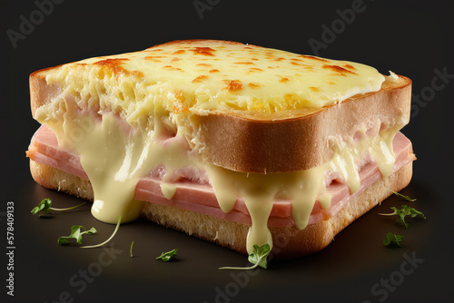 A croque-monsieur, a classic French sandwich made with ham and cheese, with the cheese melted and bubbling on top - Generative AI photo