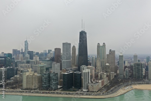 Overcast aerial view of Chicago city skyline, Illinois, USA