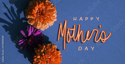 Simple Happy Mother Day greeting background with zinnia flowers for holiday.