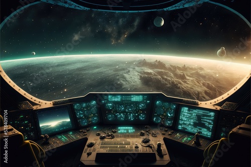 Fototapeta Naklejka Na Ścianę i Meble -  Outer view of spaceship window with control system room. Abstract discover new planet in space. Finest generative AI.